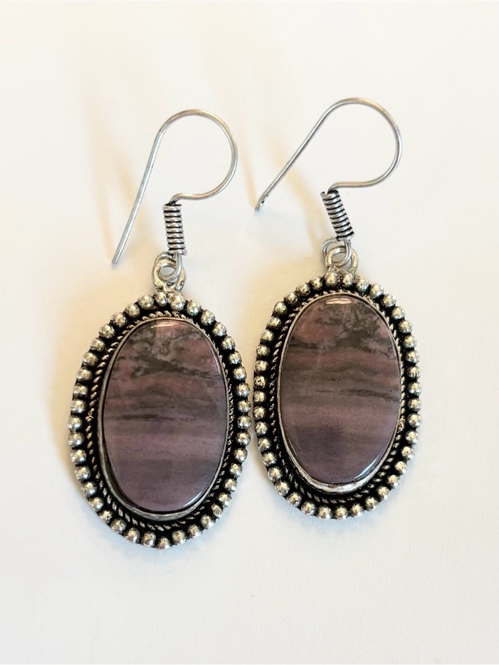 Silver-Tone Purple Stone Oval Drop boho Earrings